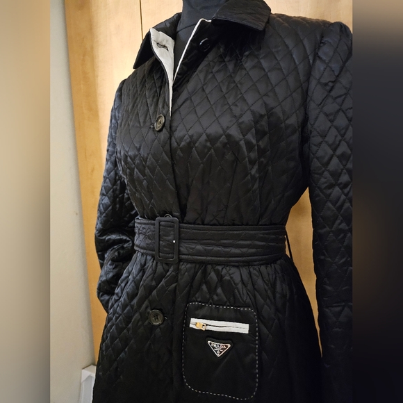 PRADA Black Diamond Quilted Trench Coat with triangle logo AUTHENTIC - Picture 7 of 17